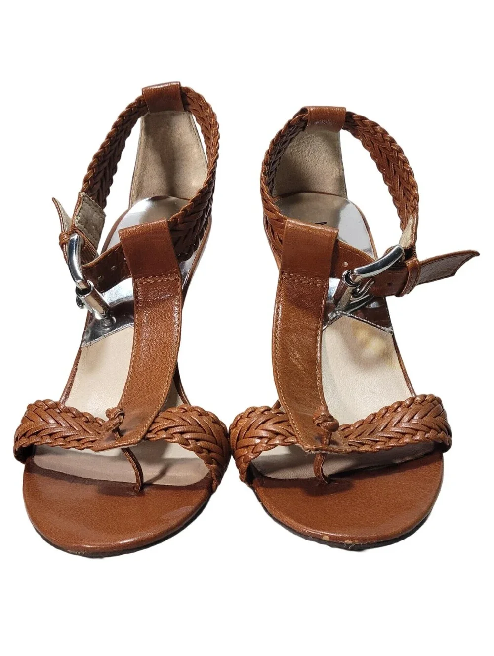MICHAEL KORS LADIES BROWN BRADED LEATHER THONG HEELS ANKLE STRAP SIZE 9M